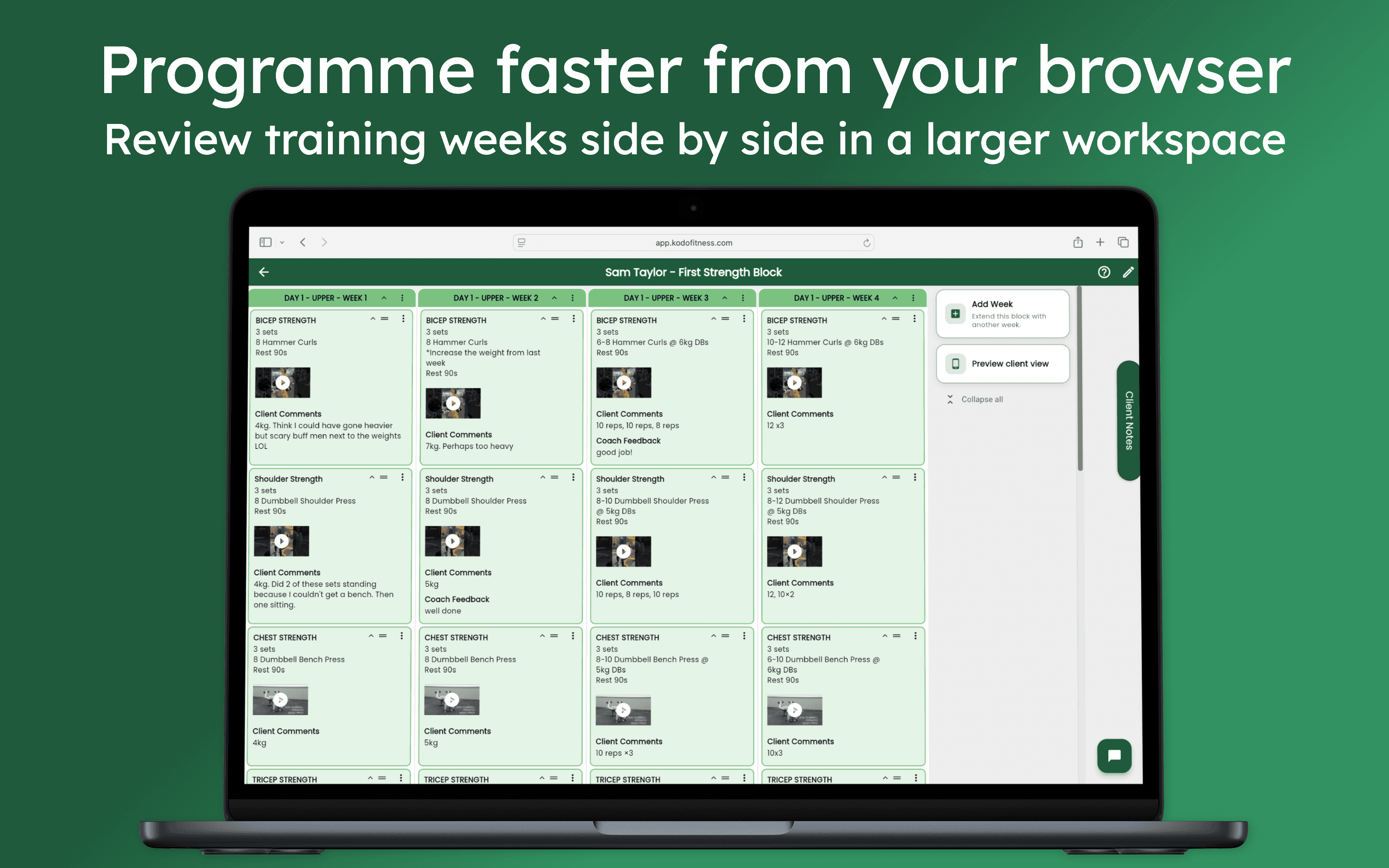 Kōdō browser app showing training weeks side by side